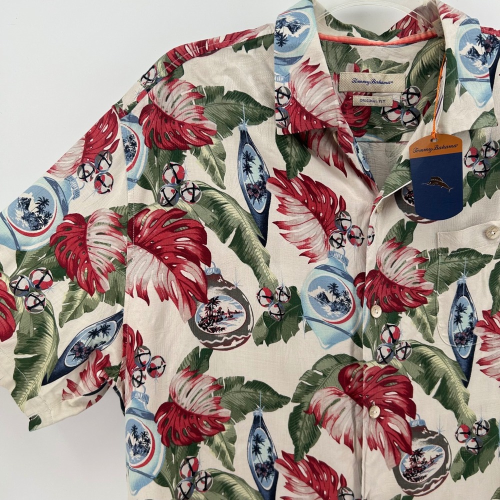 NWT Tommy Bahama Holiday Christmas Ornaments Shirt Mens XXL Beige Silk Tropical